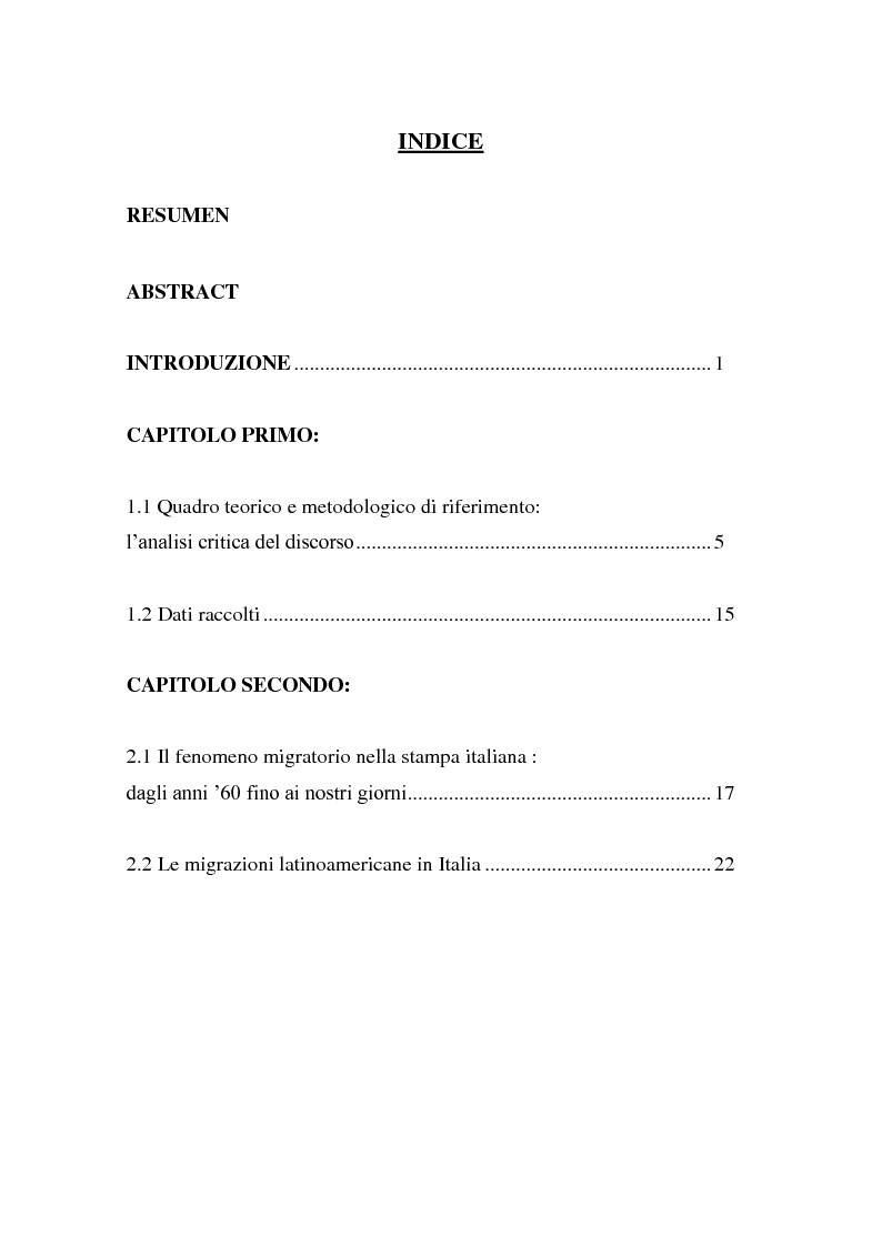 Indice della tesi: La (Ri)costruzione dell'identità del migrante latinoamericano nella stampa nazionale italiana, Pagina 1
