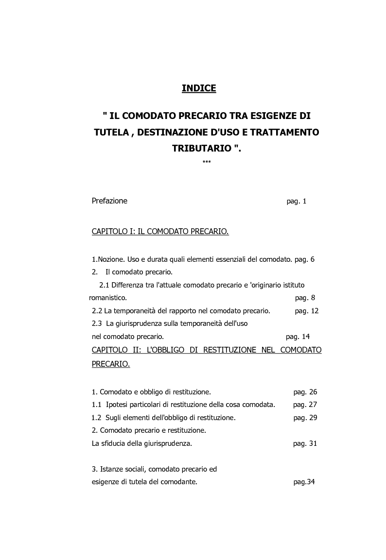 Indice della tesi: Il comodato precario tra esigenze di tutela, destinazione d'uso e trattamento tributario, Pagina 1