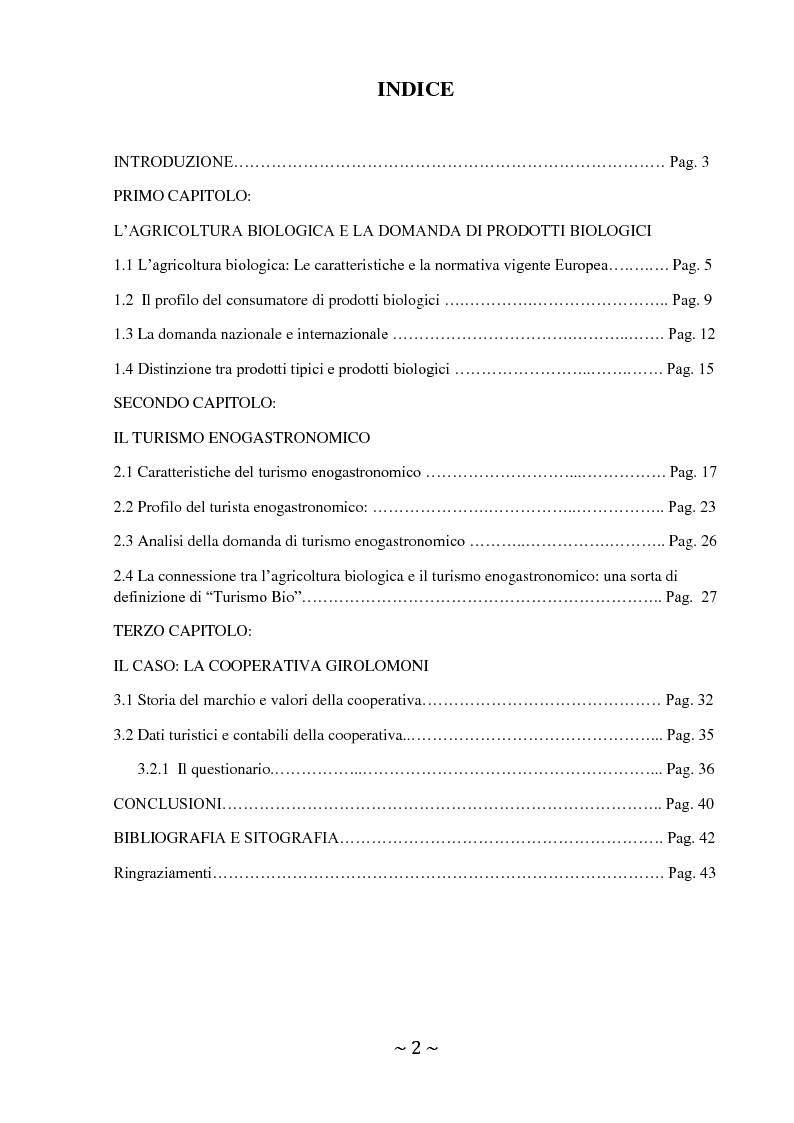 Indice della tesi: L'interazione tra il mercato biologico e il turismo: il caso della Cooperativa Girolomoni, Pagina 1
