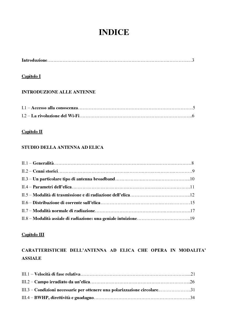 Indice della tesi: Studio, realizzazione e caratterizzazione di un'antenna ad elica per collegamenti wi-fi, Pagina 1