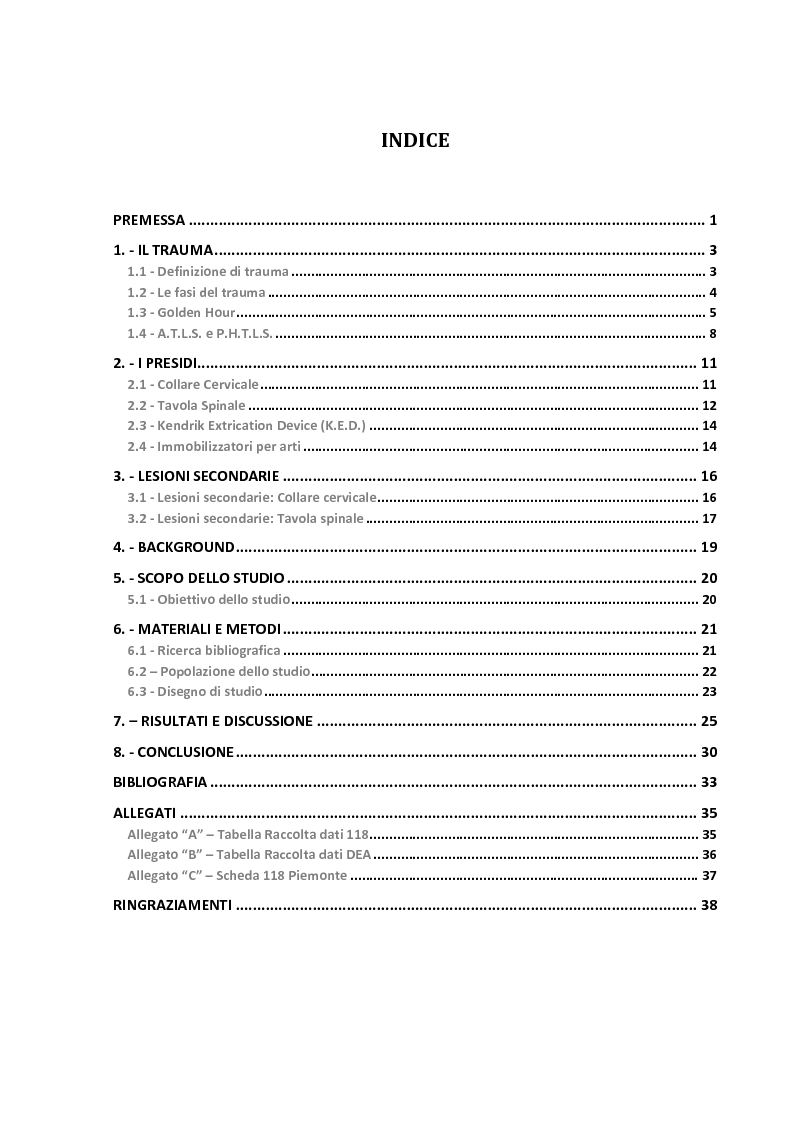 Indice della tesi: L'asse spinale nel paziente traumatizzato: utilizzo e timing di applicazione, Pagina 1