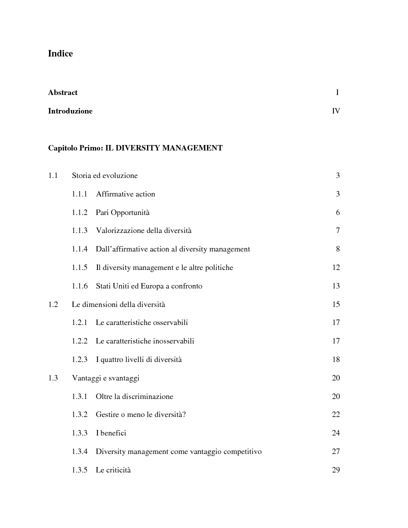 Indice della tesi: Diversity Management: la gestione delle diversitá nelle organizzazioni , Pagina 1