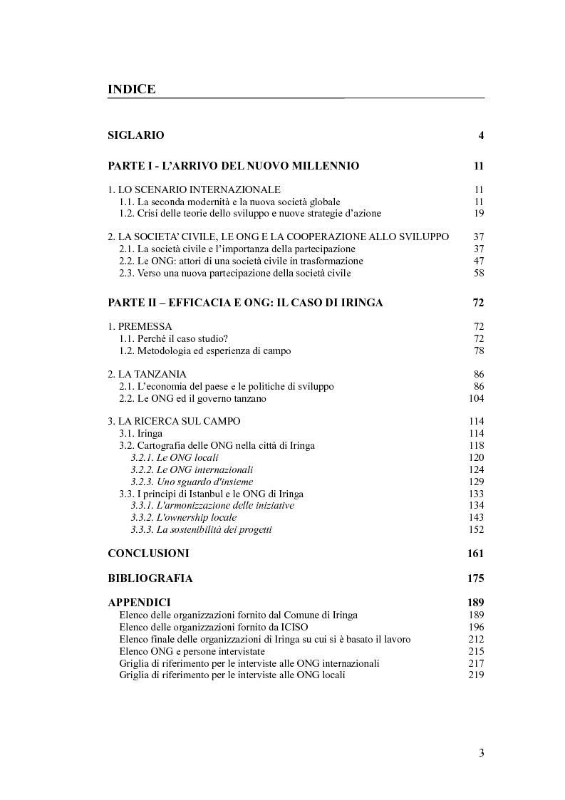 Indice della tesi: L'Efficacia dell'aiuto: una sfida per le ONG. Il caso di Iringa in Tanzania., Pagina 1