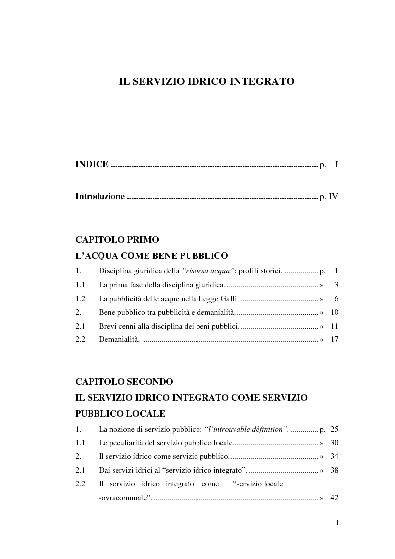Indice della tesi: Il servizio idrico integrato, Pagina 1