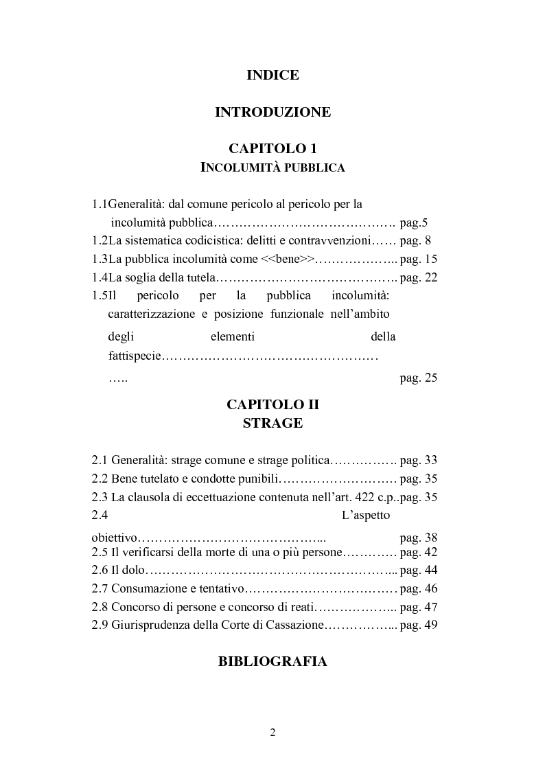 Indice della tesi: La strage all'art.422 del Codice Penale, Pagina 1