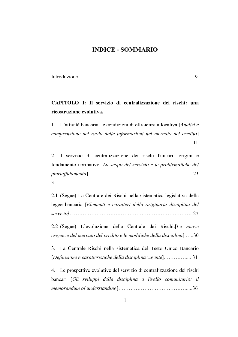 Indice della tesi: Illegittima segnalazione alla Centrale dei Rischi e risarcimento del danno, Pagina 1
