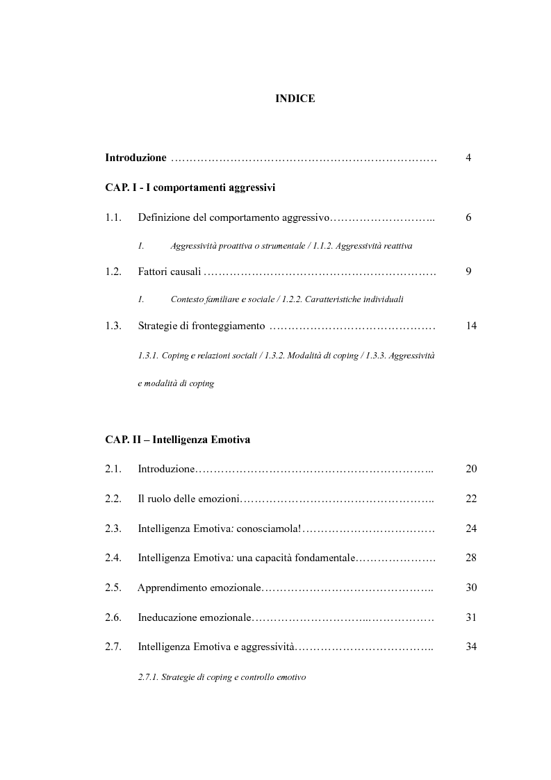 Indice della tesi: Aggressività ed Intelligenza Emotiva. Contributo di ricerca., Pagina 1