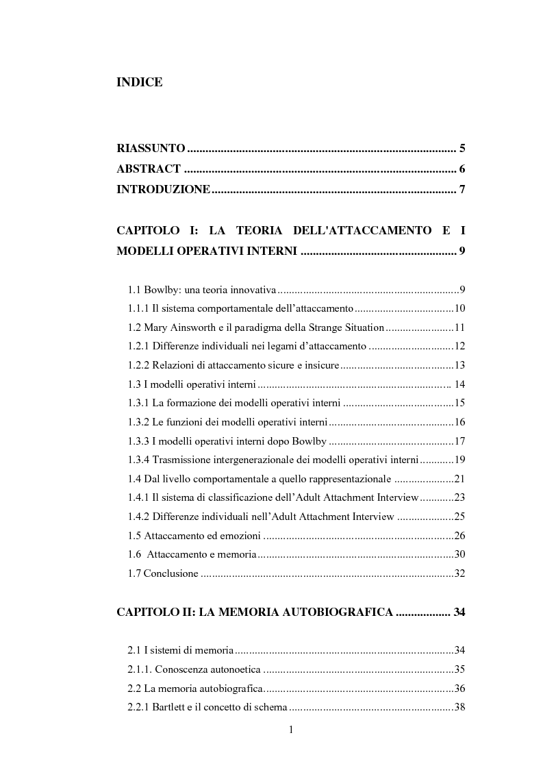 Indice della tesi: Attaccamento e memoria autobiografica, Pagina 1