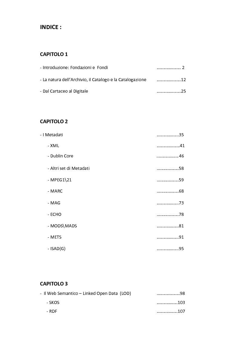 Indice della tesi: Il Web Semantico e le sue Metodologie per la gestione di risorse multimediali per lo spettacolo, Pagina 1