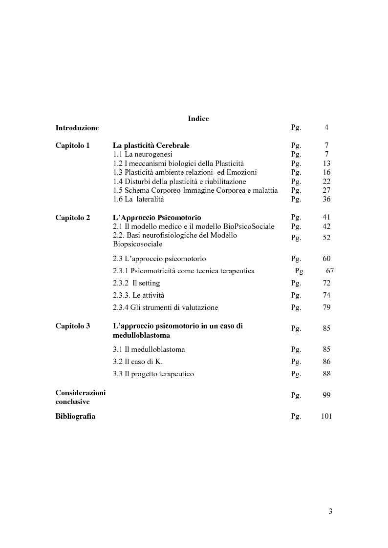 Indice della tesi: Approccio psicomotorio integrato: possibili applicazioni in un caso di medulloblastoma, Pagina 1