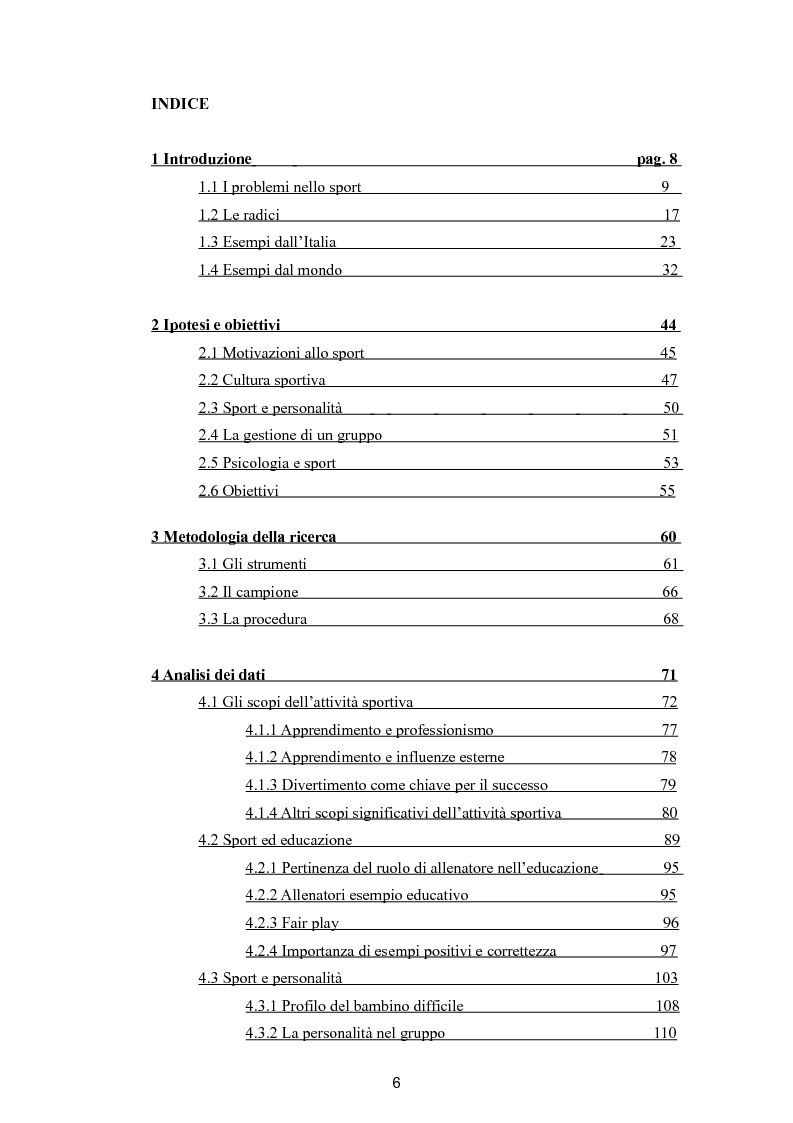 Indice della tesi: Rappresentazioni dell'attività sportiva in età evolutiva, Pagina 1