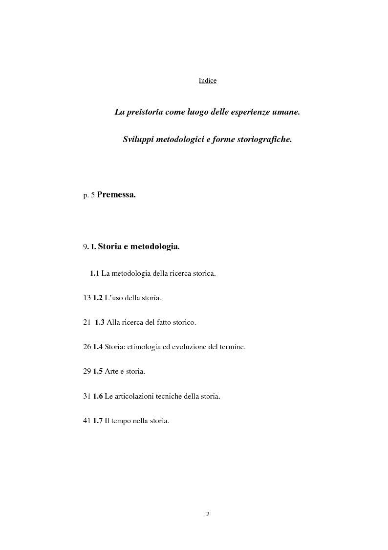 Indice della tesi: La preistoria: il luogo delle esperienze umane. Sviluppi metodologici e forme storiografiche, Pagina 1