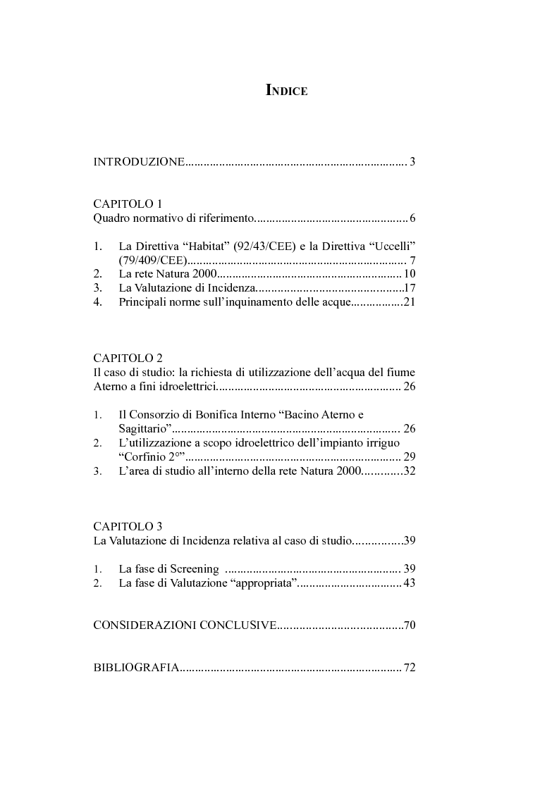 Indice della tesi: Valutazione di incidenza relativa alla messa in produzione di una centrale idroelettrica sul fiume Aterno, Pagina 1