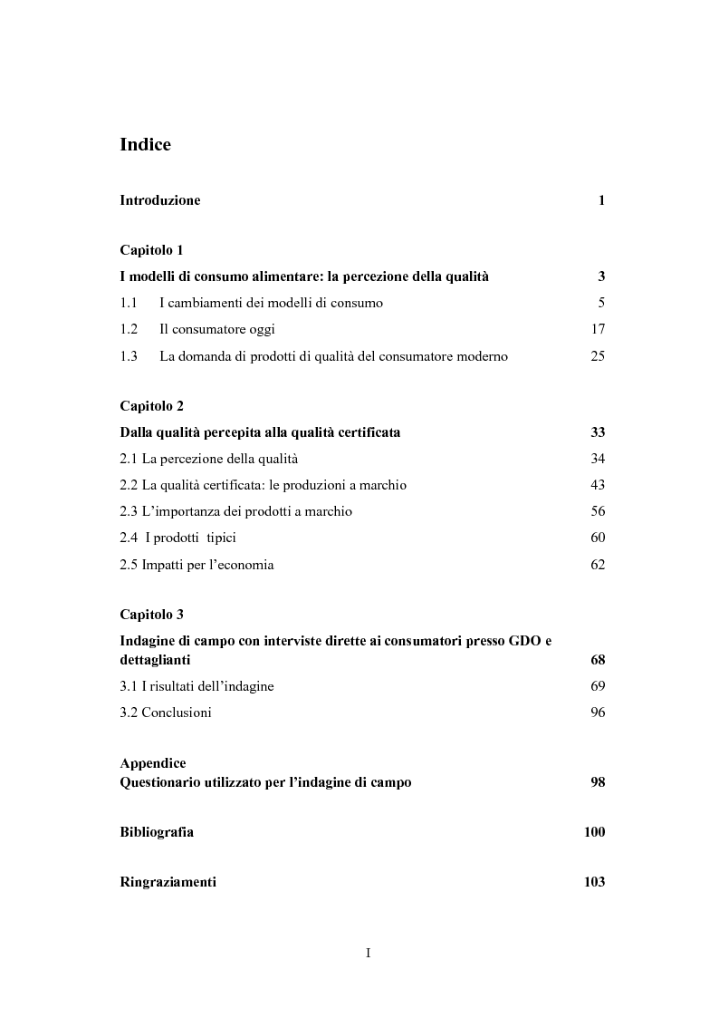 Indice della tesi: Qualità e Sicurezza alimentare nella percezione del consumatore. Una indagine presso GDO e dettaglio tradizionale in Campania, Pagina 1
