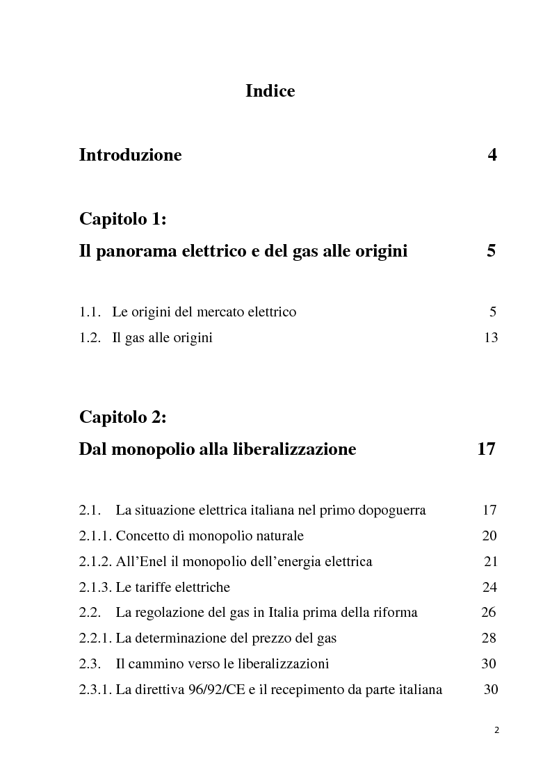 Indice della tesi: La Liberalizzazione del Mercato del gas e dell'energia elettrica, Pagina 1