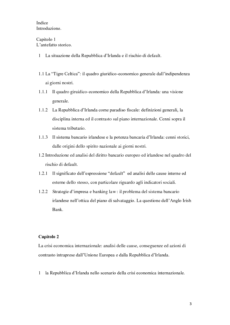 Indice della tesi: Il piano di salvataggio della repubblica d'Irlanda dalla crisi economica: il piano di riforma 2011-2014, Pagina 1