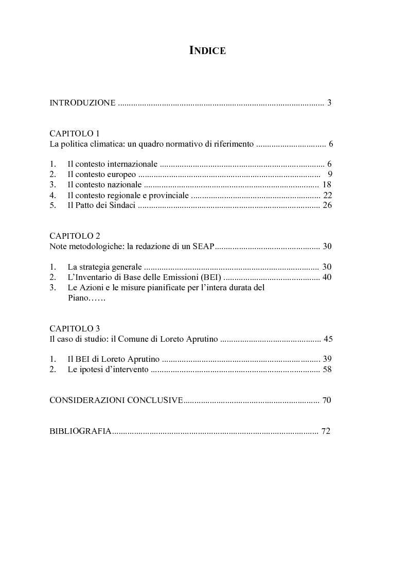 Indice della tesi: Attuazione del Piano d'Azione per l'Energia Sostenibile (SEAP). Uno studio preliminare per la provincia di Pescara, Pagina 1