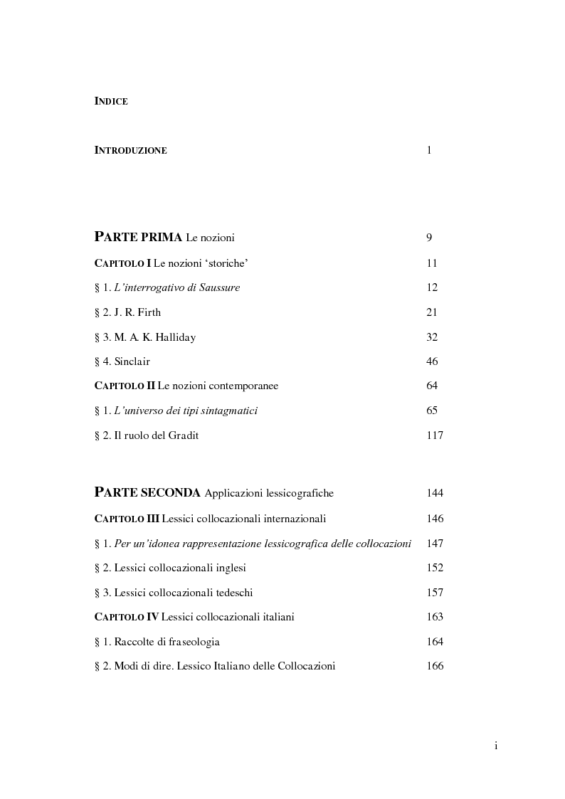 Indice della tesi: Per il Lessico delle Collocazioni Italiano Rumeno, Pagina 1