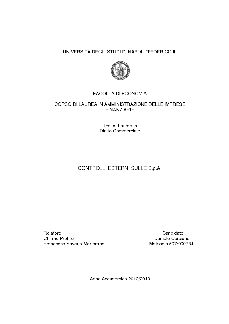 Anteprima della tesi: Controlli esterni sulle S.p.A., Pagina 1