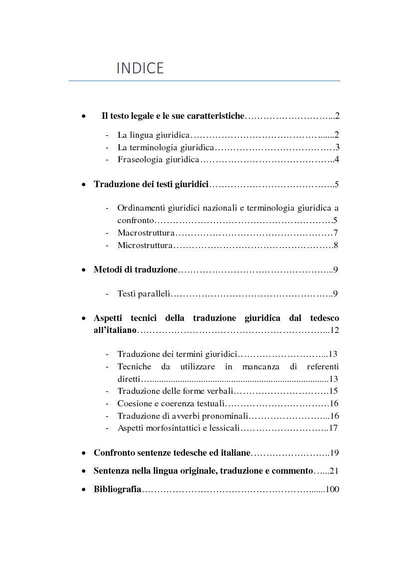 Indice della tesi: La lingua e il diritto: tradurre una sentenza dal tedesco all'italiano, Pagina 1