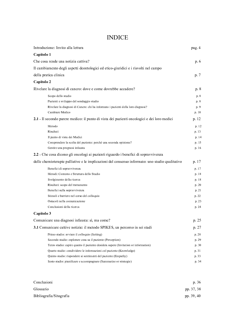 Indice della tesi: Il difficile compito del medico: La comunicazione della diagnosi di malattia terminale, Pagina 1