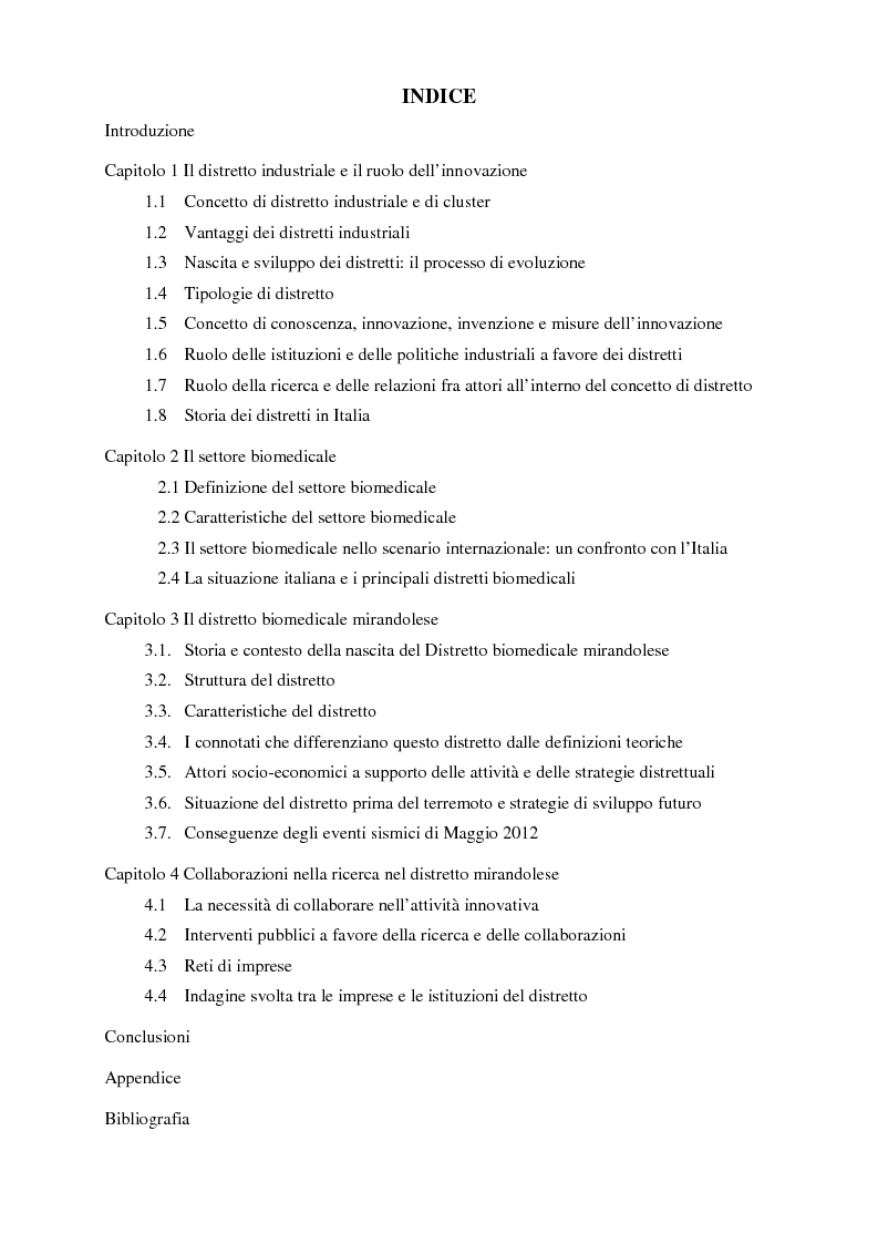 Indice della tesi: Il distretto biomedicale mirandolese. Analisi dei flussi di conoscenza esterni alle imprese del distretto, Pagina 1