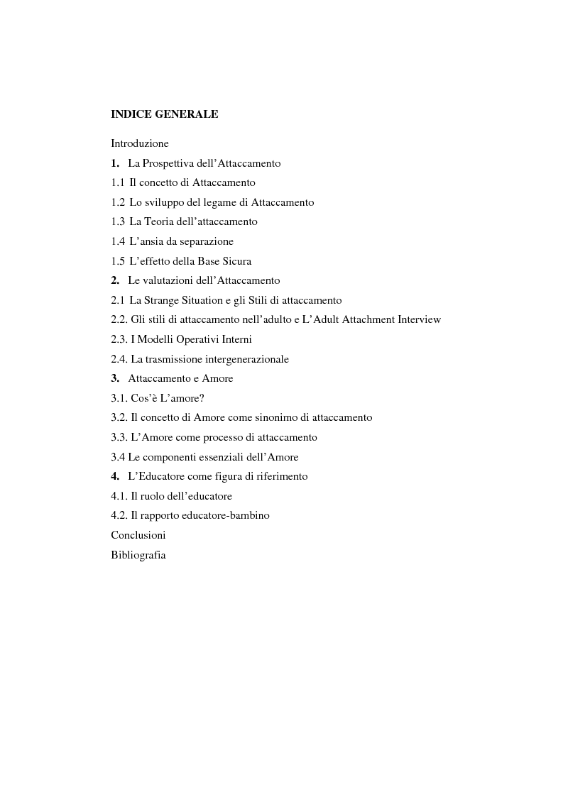 Indice della tesi: L'attaccamento nel ciclo di vita, Pagina 1