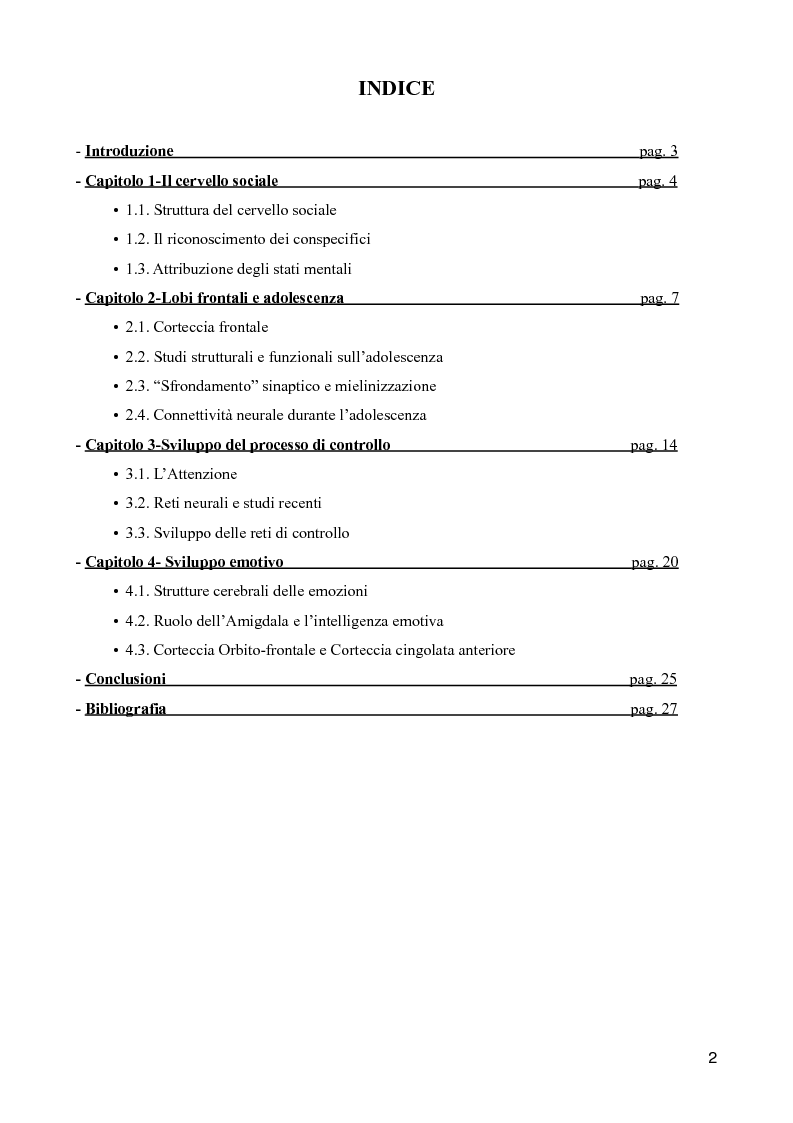 Indice della tesi: Il neurosviluppo nell'adolescenza - Connettività neurale e sviluppo cognitivo, Pagina 1