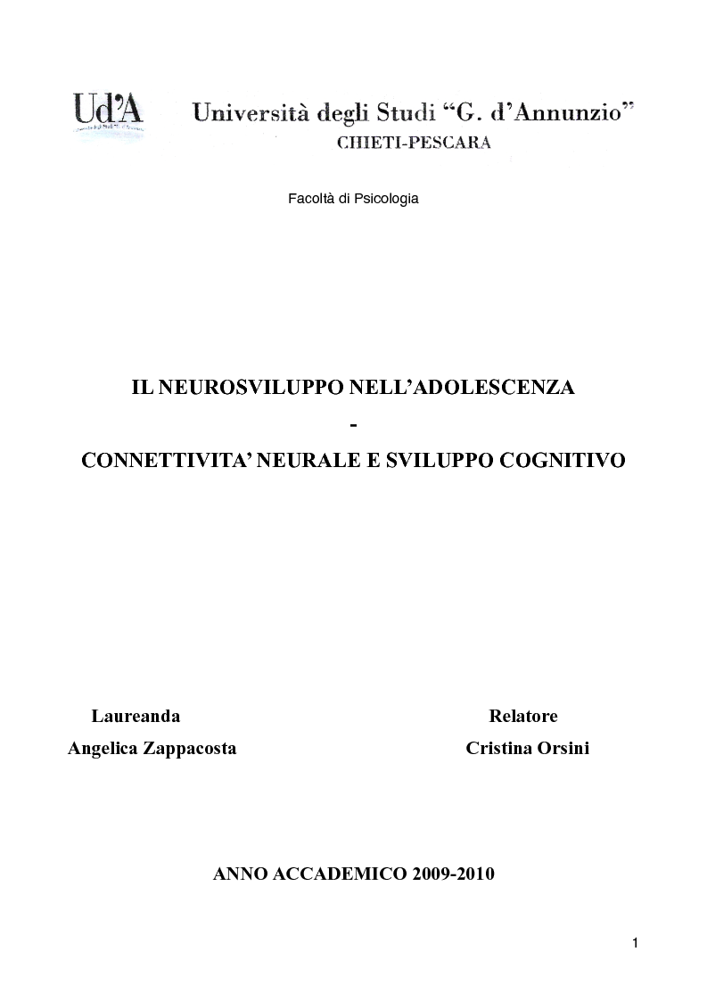 Anteprima della tesi: Il neurosviluppo nell'adolescenza - Connettività neurale e sviluppo cognitivo, Pagina 1
