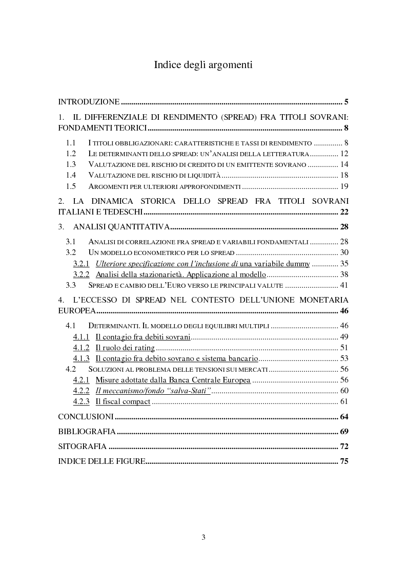 Indice della tesi: Il differenziale di rendimento fra titoli sovrani italiani e tedeschi. Un’analisi econometrica delle sue determinanti, Pagina 1