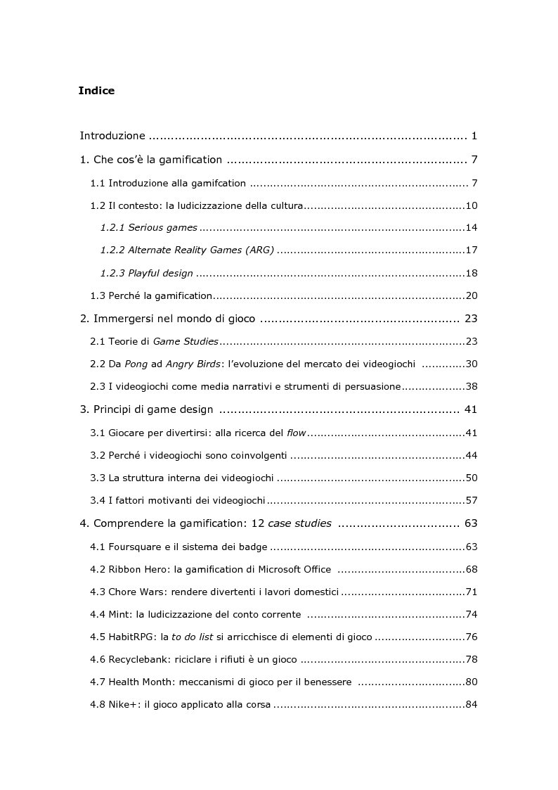 Indice della tesi: I Brand si mettono in gioco. La gamification come strumento di User Engagement, Pagina 1