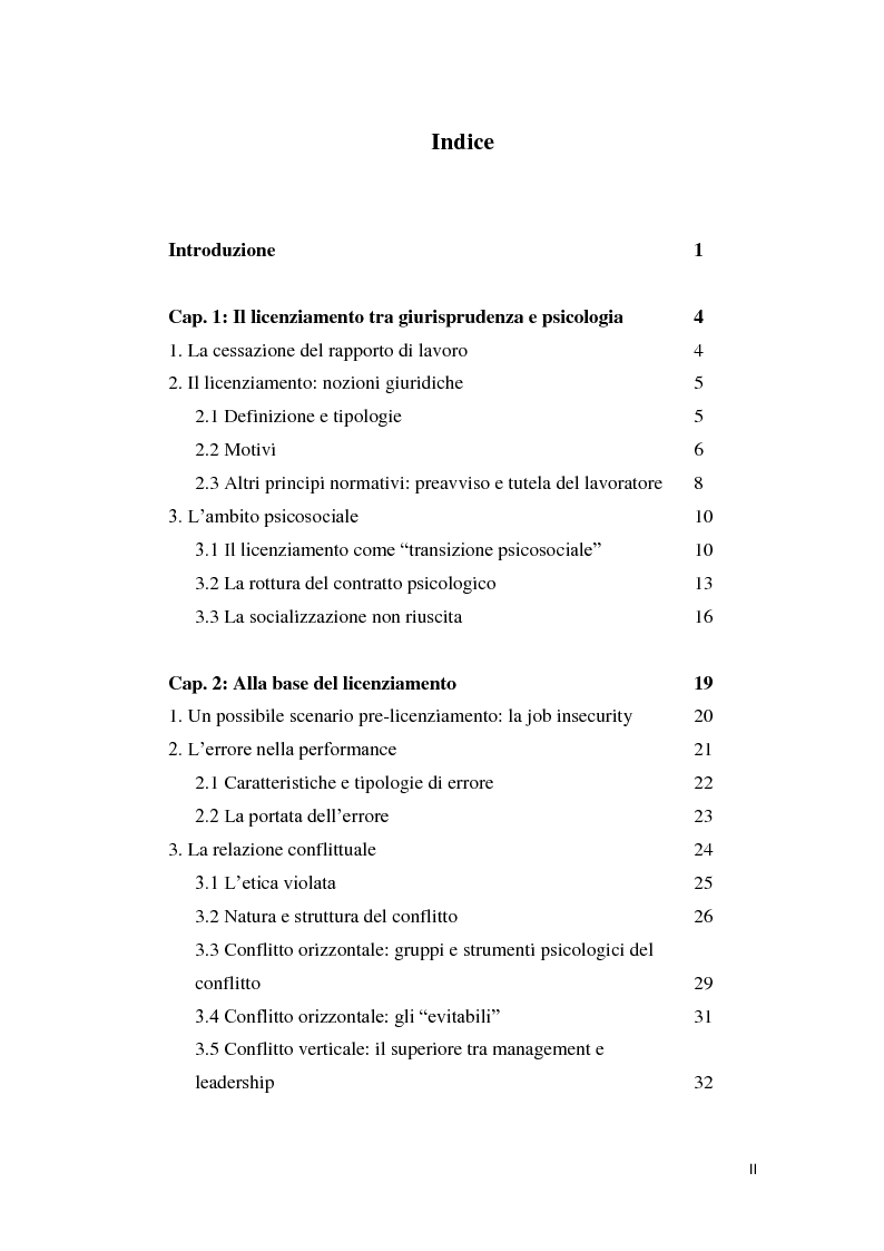 Indice della tesi: Il licenziamento: dinamiche psicosociali e strategie di coping, Pagina 1