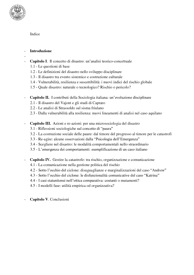 Indice della tesi: HAZARD - La prospettiva sociologica del disastro naturale, Pagina 1