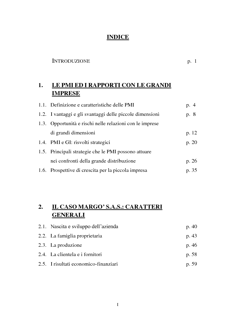 Indice della tesi: Strategie competitive delle PMI nei mercati di largo consumo: il caso Margò S.a.s.., Pagina 1