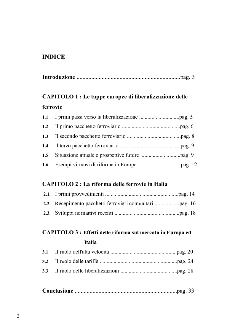 Indice della tesi: Riforma ferroviaria in Italia ed effetti sul mercato, Pagina 1