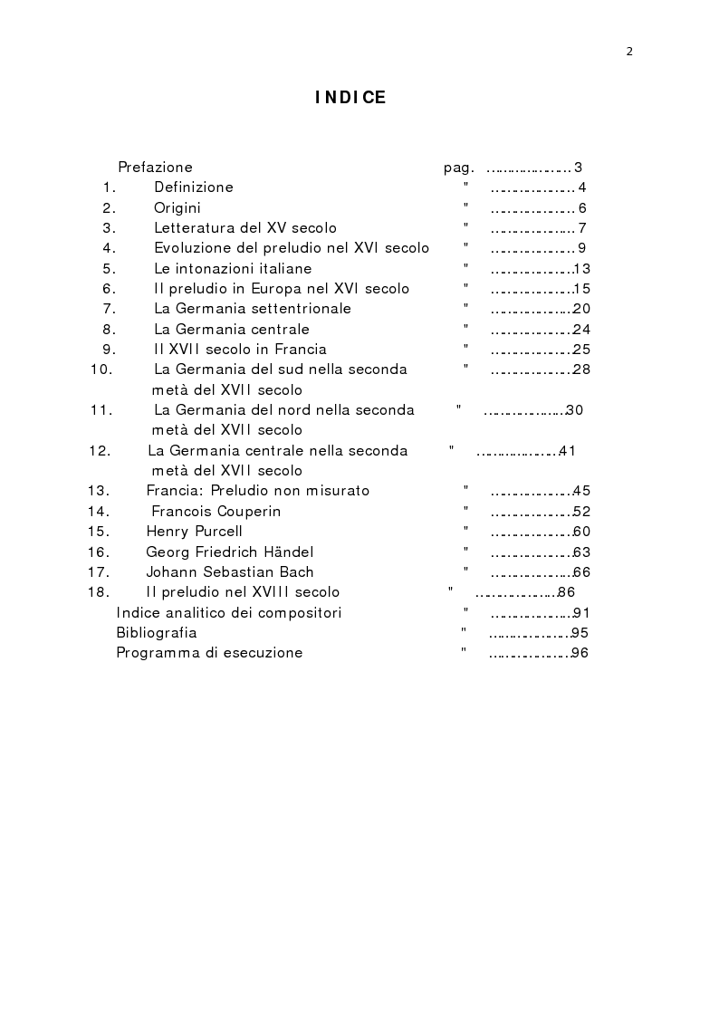 Indice della tesi: Il Preludio - genesi e sviluppo del preludio per tastiera, in particolare per clavicembalo, tra i secoli XVI e XVIII, Pagina 1