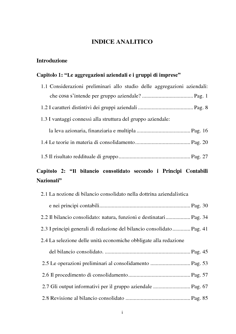 Indice della tesi: Il bilancio consolidato e il consolidato fiscale: analisi di un caso aziendale, Pagina 1