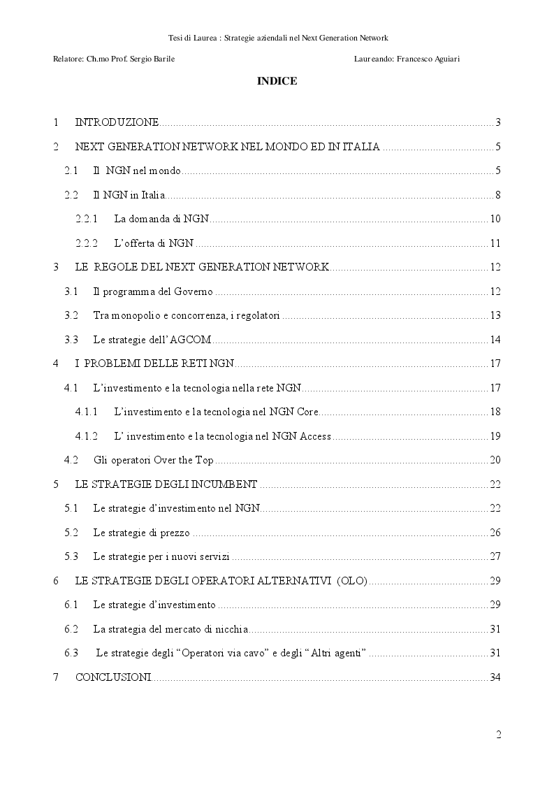 Indice della tesi: Strategie Aziendali nel Next Generation Network, Pagina 1