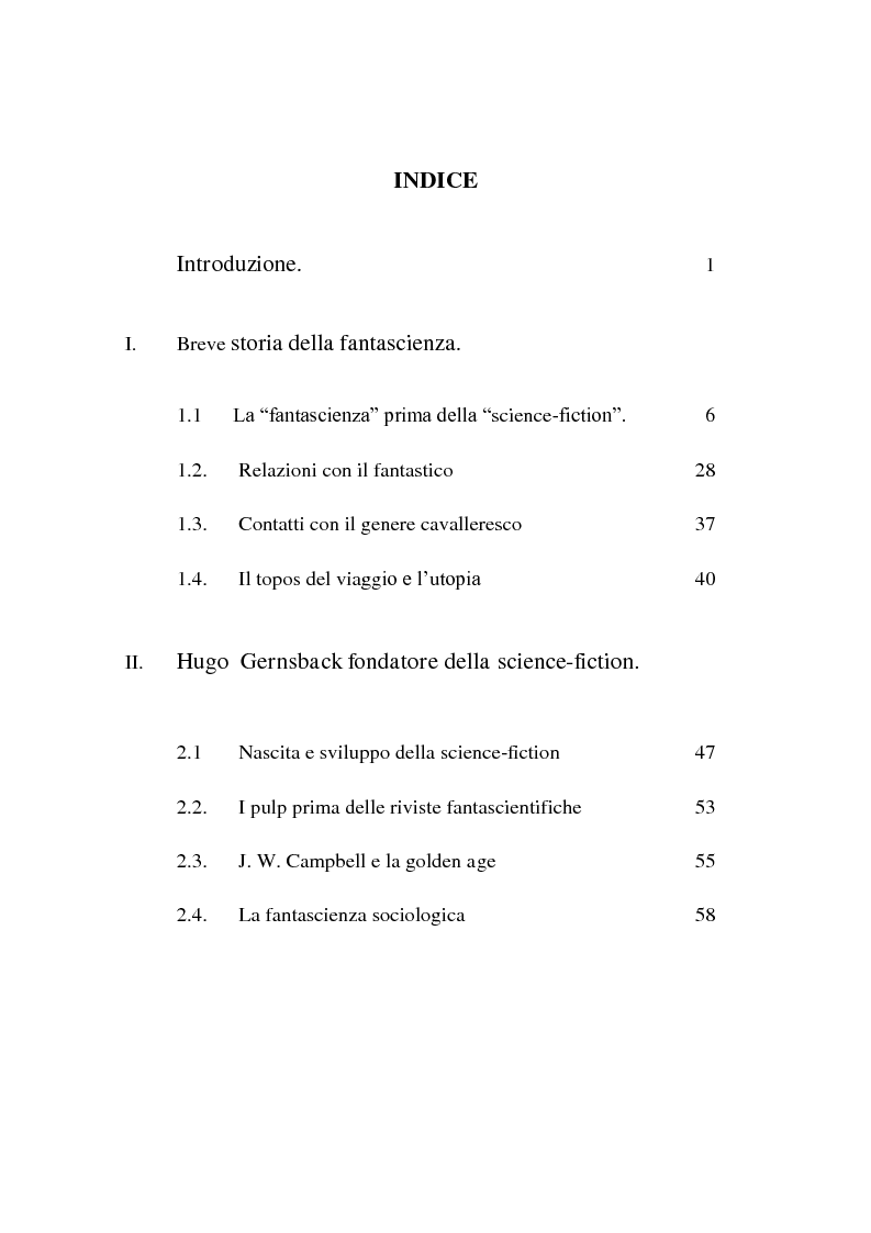 Indice della tesi: Dall'intelligenza artificiale al viaggio interstellare. Temi e forme della science-fiction, Pagina 1