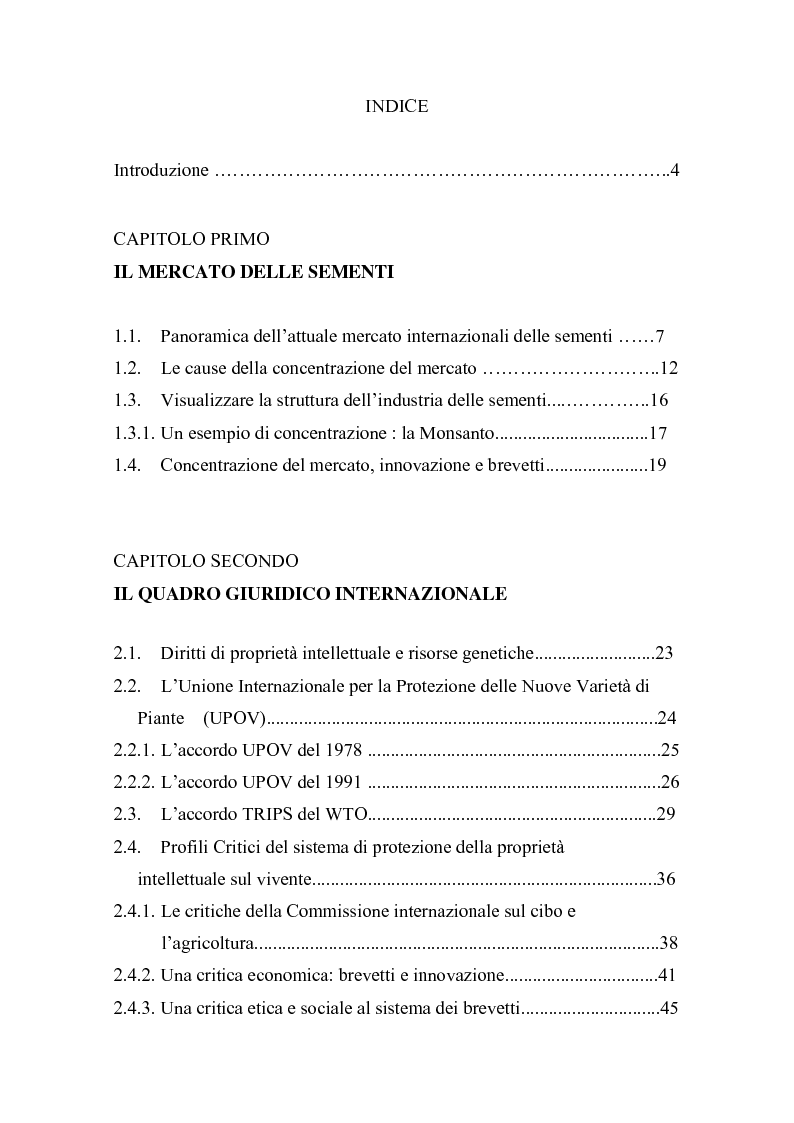 Indice della tesi: Il mercato internazionale delle sementi e la brevettabilità delle risorse fitogenetiche quali elementi strategici per il controllo globale della produzione agricola e dell'alimentazione, Pagina 1