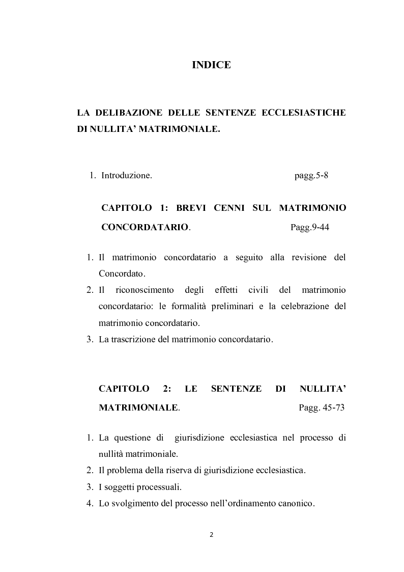 Indice della tesi: La delibazione delle sentenze ecclesiastiche di nullità matrimoniale, Pagina 1