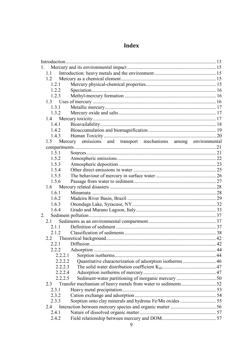 Indice della tesi: Ultrasonic desorption of mercury from contaminated sediments: influence of the chelating agent DMPS, Pagina 1
