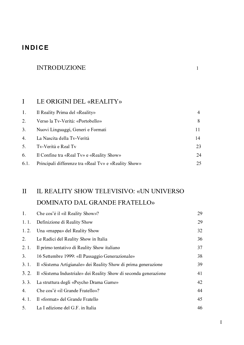 Indice della tesi: L'evoluzione storica del "Grande Fratello": da format a genere televisivo, Pagina 1