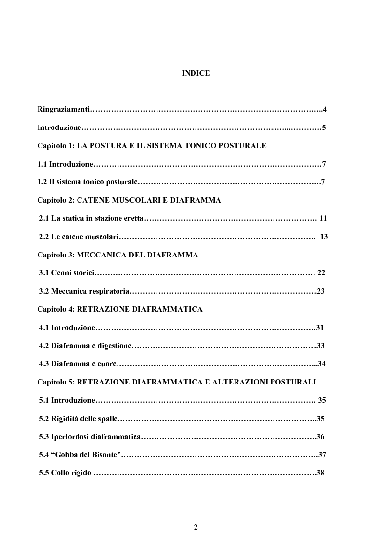 Indice della tesi: La Funzionalità diaframmatica: chiave di volta nella rieducazione posturale globale, Pagina 1