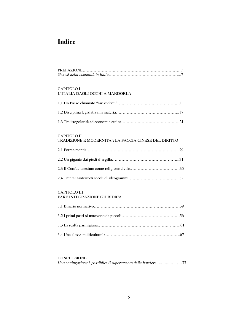 Indice della tesi: Comunità cinesi e integrazione giuridica. Una prospettiva pedagogica, Pagina 1