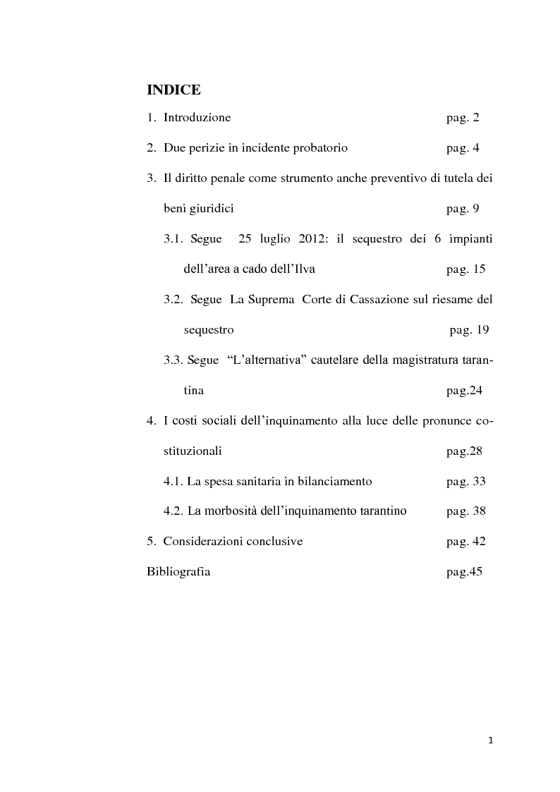 Indice della tesi: Caso Ilva: il diritto alla vita in bilanciamento, Pagina 1