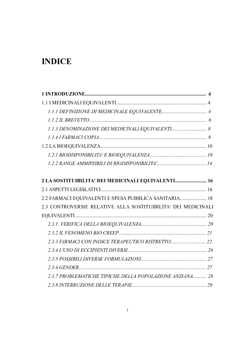 Indice della tesi: Evoluzione degli aspetti legislativi relativi ai farmaci generici, Pagina 1