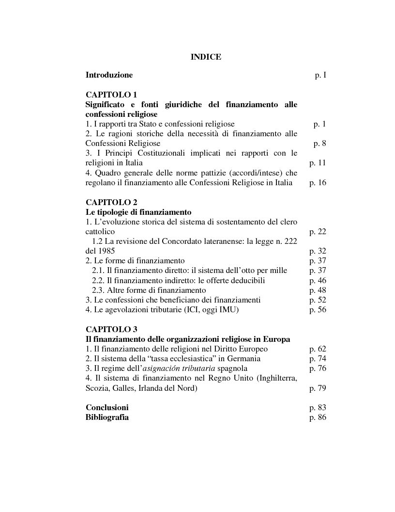 Indice della tesi: I finanziamenti alle confessioni religiose in Italia ed in Europa, Pagina 1