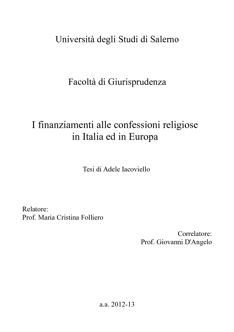 Anteprima della tesi: I finanziamenti alle confessioni religiose in Italia ed in Europa, Pagina 1