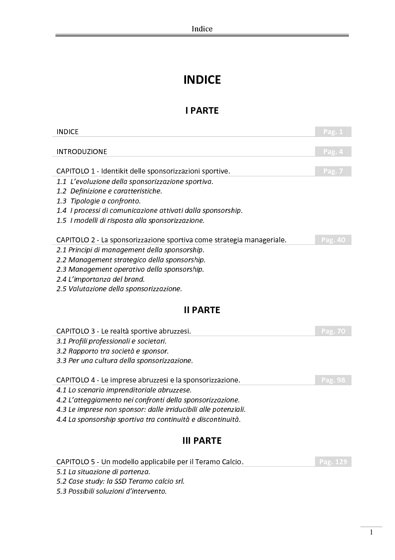 Indice della tesi: Sponsorship: una strategia di comunicazione e management per l'Abruzzo, Pagina 1